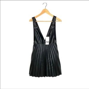 NWT Zara Black Faux Leather Pleated Pinafore Dress